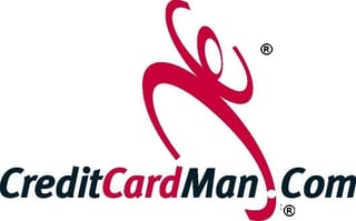 CreditCardMan.Com logo featuring a stylized running figure in burgundy red with registered trademark symbols